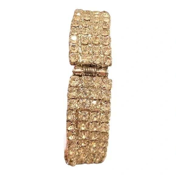 Vintage Silver Toned Round and Baguette Rhinestone Wrap Hinged Bracelet - Picture 3 of 4